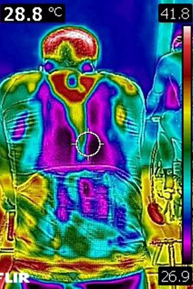 Thermographic image of cyclist in the ACE Climatic Wind Tunnel as cycling garment manufacturer PEARL iZUMi measures how new products dissipate heat from riders' bodies in varying temperatures, humidity and precipitation conditions. 