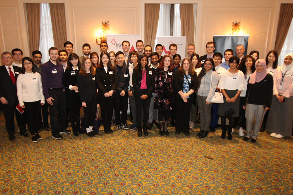 University of Ontario Institute of Technology graduate student Samantha Stahlke (front row, fifth from right) is among the inaugural recipients of the Vector Institute Scholarship in Artificial Intelligence (recognized December 13, 2018 in Toronto, Ontario). Photo credit: Mike Hagarty, Canadian Club, Toronto.