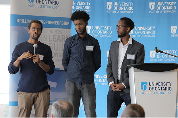 Fourth-year Mechanical Engineering student Yasin Othman (right) joins Rootworks partners Anwar Dawud (left) and Hussien Seman at the Brilliant entrepreneurial pitch event (September 24, 2018). Othman is the Producer of the Rootworks documentary film The Water Project (Dawud is the Director; Seman is the Photographer).