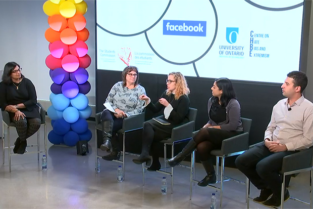 From left: Ritu Banerjee, Senior Director, Canada Centre for Community Engagement and Prevention of Violence (moderator), with panelists Barbara Perry, PhD, Professor of Criminology, University of Ontario Institute of Technology; Kara Brisson-Boivin, PhD, Director of Research, MediaSmarts; Maya Roy, Chief Executive Officer, YWCA Canada; and Sharif Mahdy, Executive Director, Students Commission of Canada.