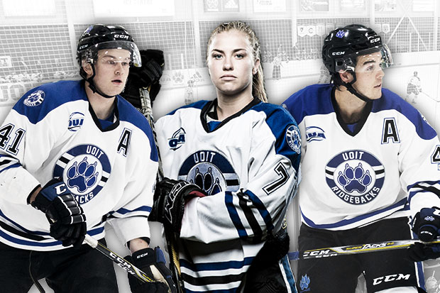 UOIT Ridgebacks hockey stars Jack Patterson (left), Kassidy Nauboris (centre) and Alex Yuill (right) have been named to Canada's rosters for the 2019 FISU Winter Universiade in Krasnoyarsk, Russia (March 2 to 12).