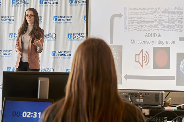 Heather McCracken (Master of Health Sciences (Kinesiology) candidate) was one of six finalists in the 2018 University of Ontario Institute of Technology 3MT® competition.  