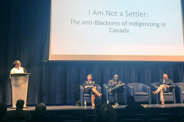 From left: Dr. Tamari Kitossa, Associate Professor, Sociology, Brock University (at podium); Jill Thompson, Indigenous Cultural Advisor, University of Ontario Institute of Technology; Dr. Barrington Walker, Associate Professor, Department of History, Queen’s University; and Dr. Wesley Crichlow, Associate Dean (Equity), Faculty of Social Science and Humanities and Chair of the President’s Equity Taskforce (panel moderator).