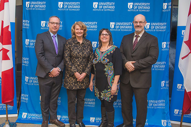 From left: Dr. Steven Murphy, President and Vice-Chancellor, University of Ontario Institute of Technology; Karen McCrimmon, Parliamentary Secretary to the Minister of Public Safety and Emergency Preparedness; Dr. Barbara Perry, Professor, Faculty of Social Science and Humanities (FSSH); Dr. Peter Stoett, Dean, FSSH (March 6, 2019).