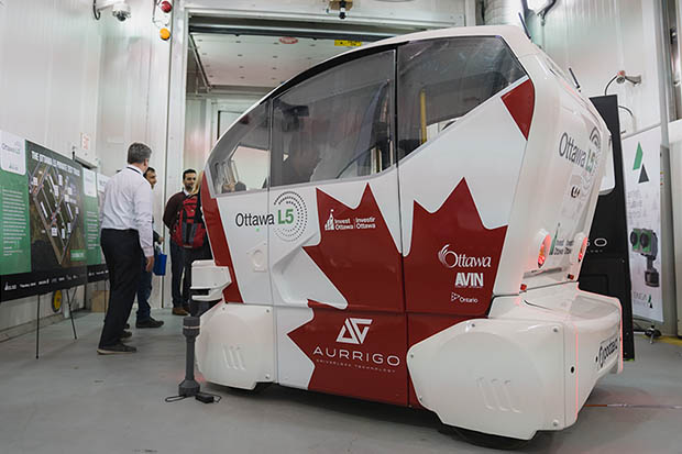 Autonomous vehicle from the City of Ottawa on display inside ACE at the Future of Transportation and Mobility Series event (March 28, 2019).