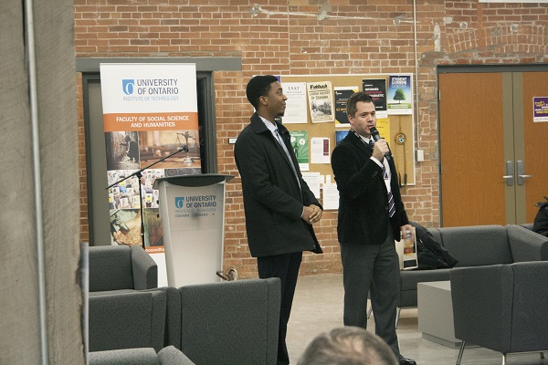 From left: Fourth-year Criminology student Tristan Williams and Dan Walters, Practicum Co-ordinator, FSSH, spoke at the faculty's first-ever Celebration of Community Partnerships event.