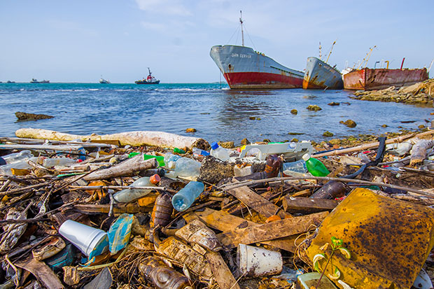 Garbage piling up on a shoreline