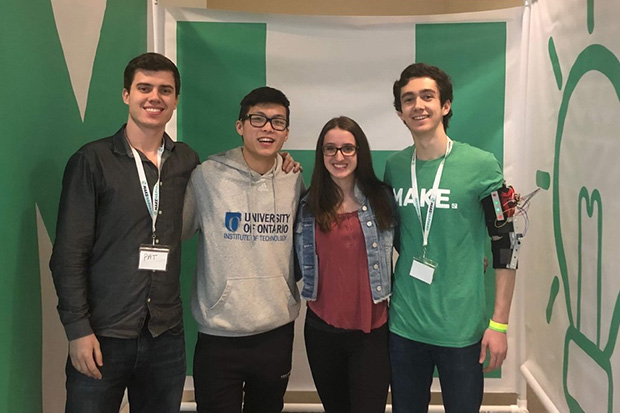 From left: Ontario Tech University Engineering students Patrick Poplawski and Mankin Ho at the MakeHarvard hackathon, together with their Harvard University student teammates Jessica DeVilla and Joseph Sanchez. 