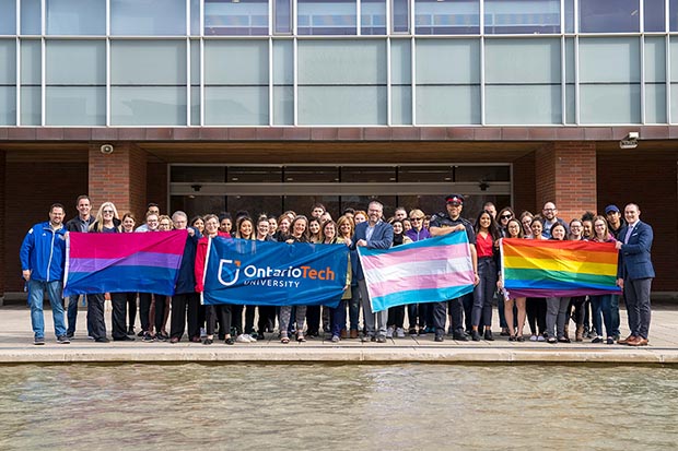 In recognition of IDAHOTB 2019, Ontario Tech University faculty, staff and students joined community partner representatives from PFLAG Canada Durham Region for a Pride flag ceremony.