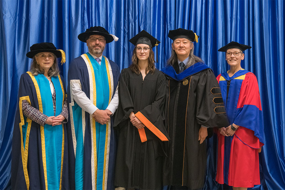 From left: Noreen Taylor, Chancellor; Dr. Steven Murphy, President and Vice-Chancellor; Nicole Allison, Faculty of Energy Systems and Nuclear Science (FESNS) medal winner; Dr. Akira Tokuhiro, Dean, FESNS; Dr. Lori Livingston, Provost and Vice-President Academic.