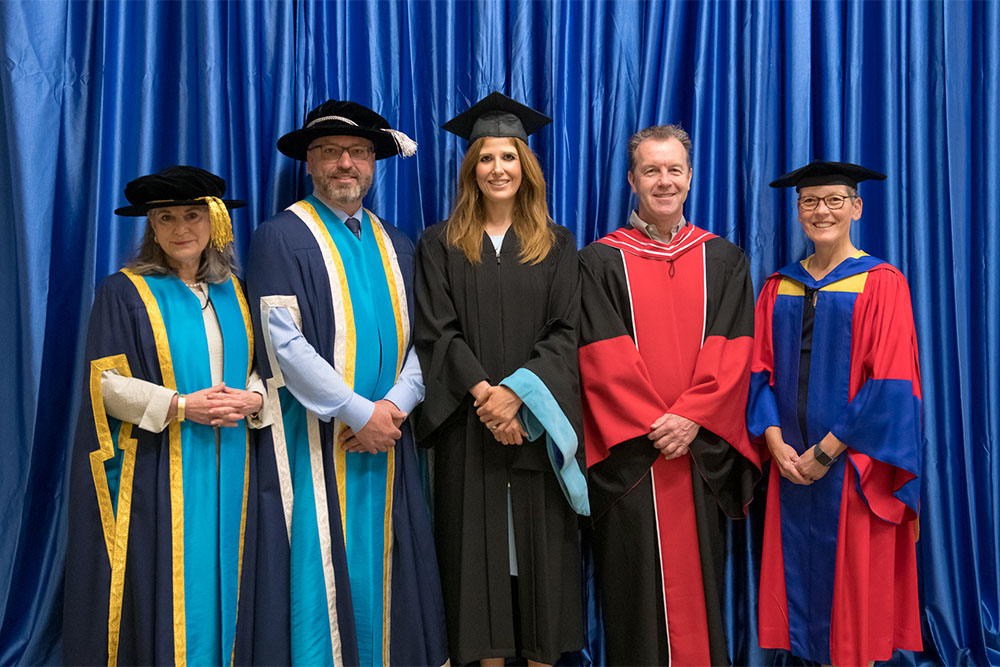 From left: Noreen Taylor, Chancellor; Dr. Steven Murphy, President and Vice-Chancellor; Muna Munir Muasher-Marji, Faculty of Education (FEd) medal winner; Dr. Robin Kay, Acting Dean, FEd; Dr. Lori Livingston, Provost and Vice-President Academic.