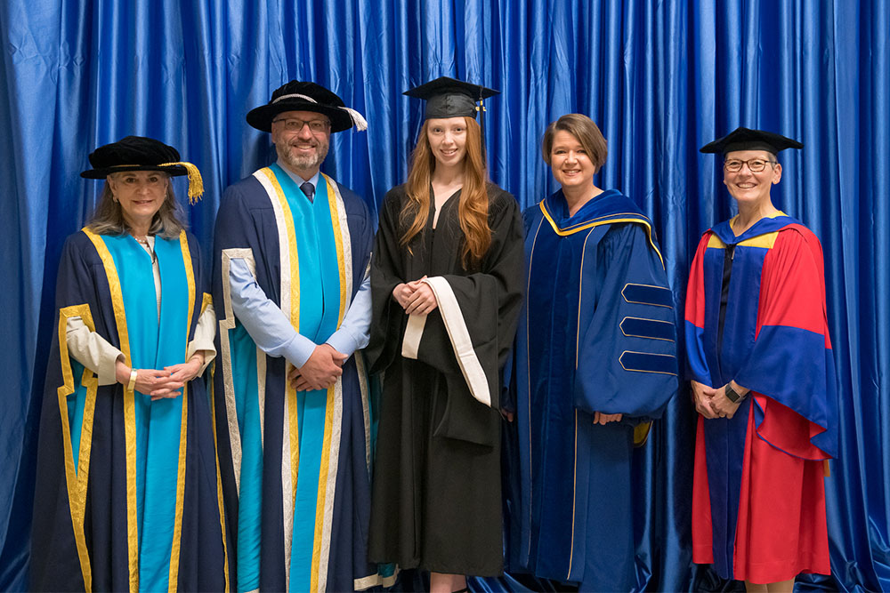 From left: Noreen Taylor, Chancellor; Dr. Steven Murphy, President and Vice-Chancellor; Katrina-Ray Claudia Villeneuve, Faculty of Social Science and Humanities (FSSH); Dr. Andrea Slane, Associate Dean, FSSH; Dr. Lori Livingston, Provost and Vice-President Academic.