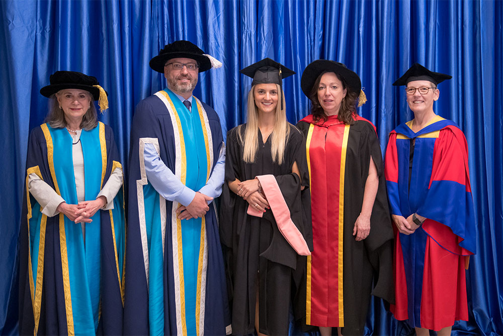 From left: Noreen Taylor, Chancellor; Dr. Steven Murphy, President and Vice-Chancellor; Leanne Elliott, Governor General Gold Medal, Faculty of Health Sciences (FHSc); Dr. Bernadette Murphy, Interim Dean, FHSc; Dr. Lori Livingston, Provost and Vice-President Academic.
