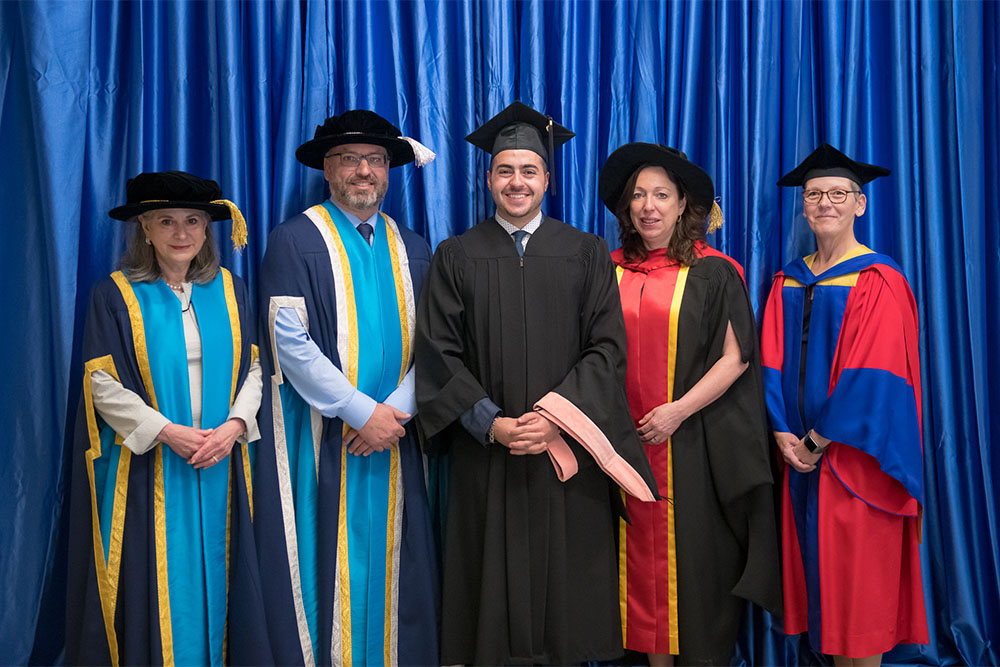 From left: Noreen Taylor, Chancellor; Dr. Steven Murphy, President and Vice-Chancellor; Soroush Vahdati-Shams, Faculty of Health Sciences (FHSc) medal winner (tie); Dr. Bernadette Murphy, Interim Dean, FHSc; Dr. Lori Livingston, Provost and Vice-President Academic.