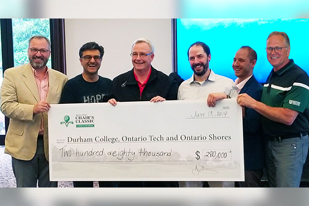 From left: Dr. Steven Murphy, President, Ontario Tech University; Karim Mamdani, President and CEO, Ontario Shores Centre for Mental Health Sciences; John Henry, Durham Regional Chair; Warren Anderson and Ryan Anderson (sons of the late Roger Anderson, former Durham Regional Chair); Don Lovisa, President, Durham College.