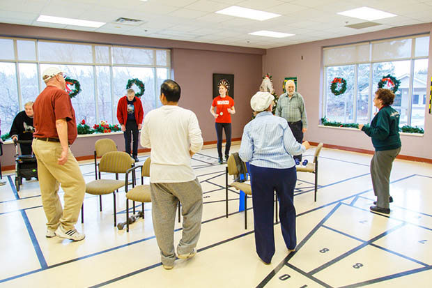 Ontario Tech University Kinesiology students and Dr. Shilpa Dogra lead a fitness program for older adults as part of their research practicum at the Oshawa Senior Community Centres in 2014.