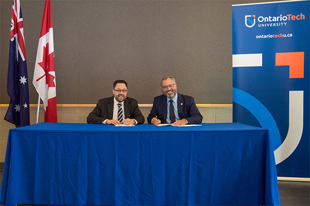 From left: Professor Michael Blumenstein, Associate Dean, Research Strategy & Management, Faculty of Engineering and IT, University of Technology Sydney with Dr. Steven Murphy, President and Vice-Chancellor, Ontario Tech University.
