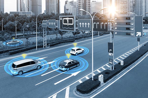 Artistic diagram of futuristic deployment of autonomous vehicles in an urban setting.