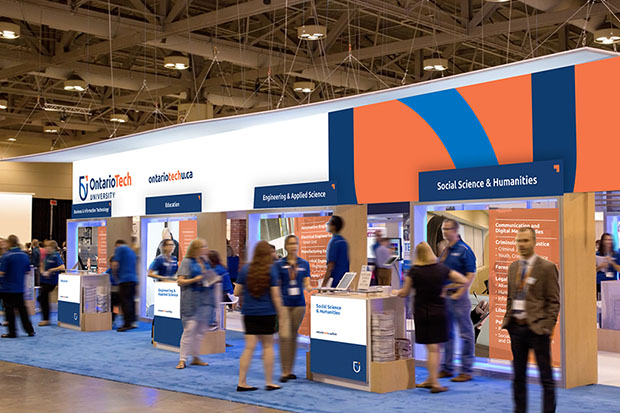 Conceptual design of Ontario Tech University's new booth at the 2019 Ontario Universities' Fair at the Metro Toronto Convention Centre.