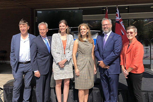 From left: Dr. Les Jacobs, Vice-President, Research and Innovation, Ontario Tech University; Lorne Coe, Whitby MPP; Lindsey Park, Durham MPP; Dr. JoAnne Arcand, Assistant Professor, Faculty of Health Sciences, Ontario Tech University; Dr. Steven Murphy, President and Vice-Chancellor, Ontario Tech University; Dr. Lori Livingston, Provost and Vice-President Academic, Ontario Tech University.