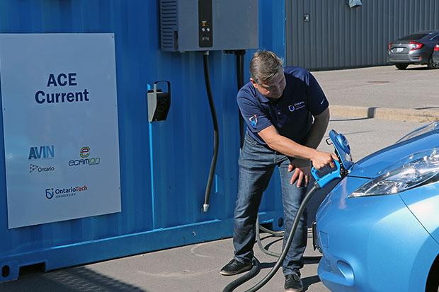 eCAMION charging station outside ACE at Ontario Tech University in Oshawa, Ontario (connected to the Ontario Autonomous Vehicle Innovation Network's Durham Regional Technology Development Site).