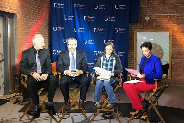 From left: Panelists Dan Carter, Mayor, City of Oshawa; Dr. Steven Murphy, President and Vice-Chancellor, Ontario Tech University; Rebecca Keetch, Green Jobs Oshawa; and moderator Crystal Goomansingh, Producer, Global News, discuss the future of Oshawa during the October 16 Global News Durham newscast. 