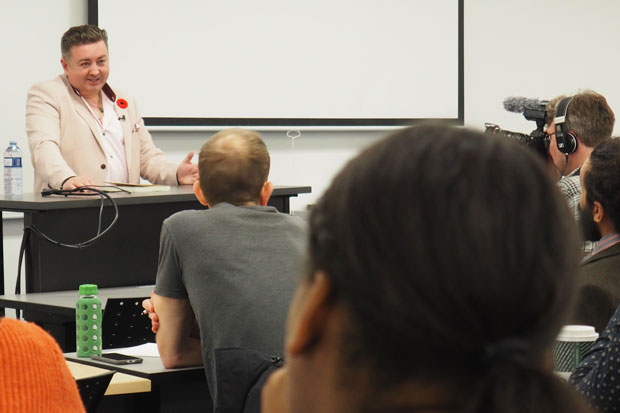 Tony McAleer, author of The Cure for Hate and a former extremist, spoke with students and faculty at an event  hosted by Ontario Tech University's Centre on Hate, Bias and Extremism (November 12, 2019).