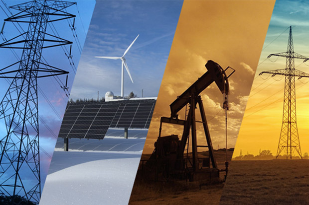 4 images of different energy technologies including two transmission towers, solar panels and a wind turbine