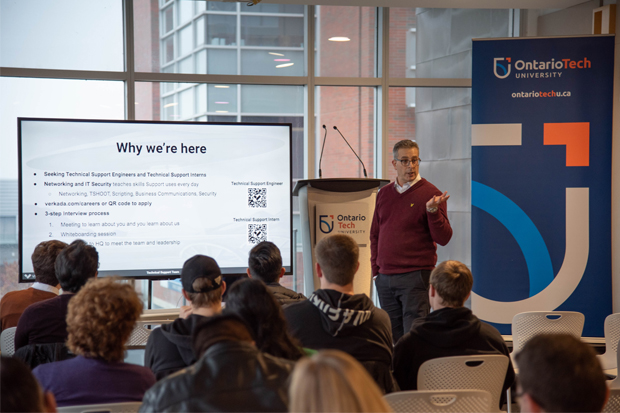 Ethan Cuttler, Technical Support Manager, Verkada, speaks to Ontario Tech University during the company's student recruitment visit to campus (November 21, 2019). 