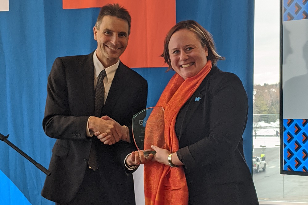 From left: Ontario Tech University's Dr. Langis Roy, Dean, School of Graduate and Postdoctoral Studies, with 2019 Award of Excellence in Graduate Supervision recipient Dr. Meghann Lloyd, Associate Professor, Faculty of Health Sciences.