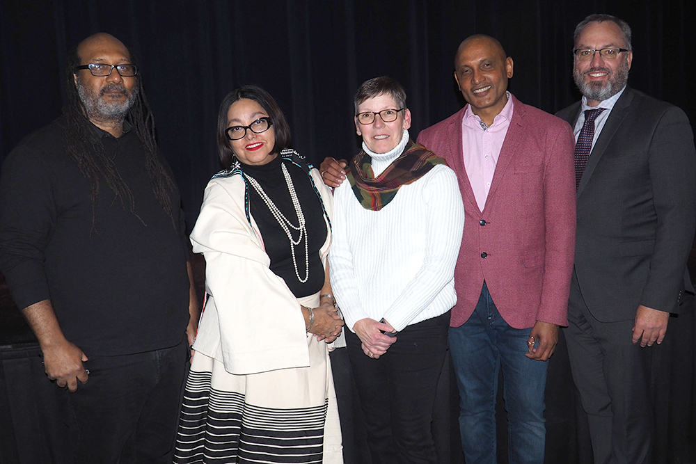 From left: Dr. Lewis Gordon, University of Connecticut; Dr. Rozena Maart, University of KwaZulu-Natal (South Africa); Dr. Lori Livingston, Provost and Vice-President Academic, Ontario Tech University; Dr. Wesley Crichlow, Associate Dean (Equity), Faculty of Social Science and Humanities and Chair of the President’s Equity Taskforce at Ontario Tech; Dr. Steven Murphy,  President and Vice-Chancellor, Ontario Tech University.