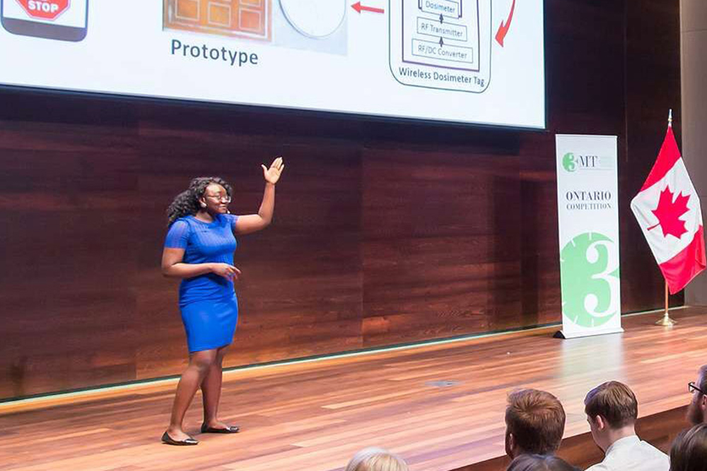 2017 Three-Minute Thesis winner Ololade Sanusi representing Ontario Tech University at the 2017 provincial 3MT championship in Waterloo, Ontario. 