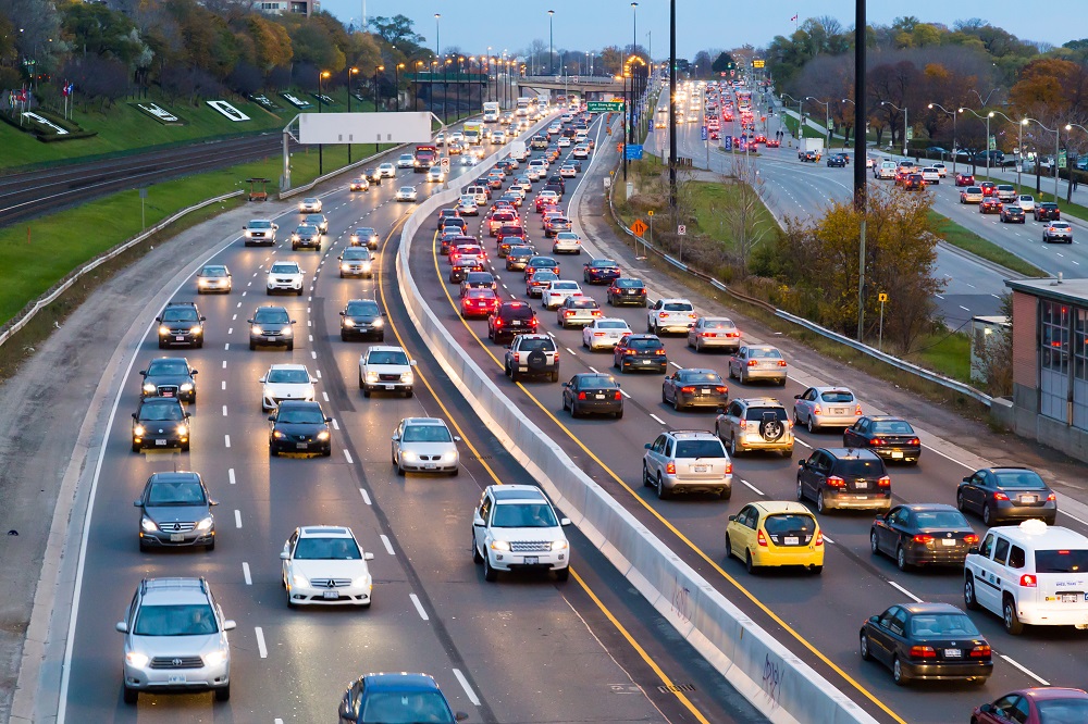 Typical rush hour traffic along Toronto's Gardiner Expressway.