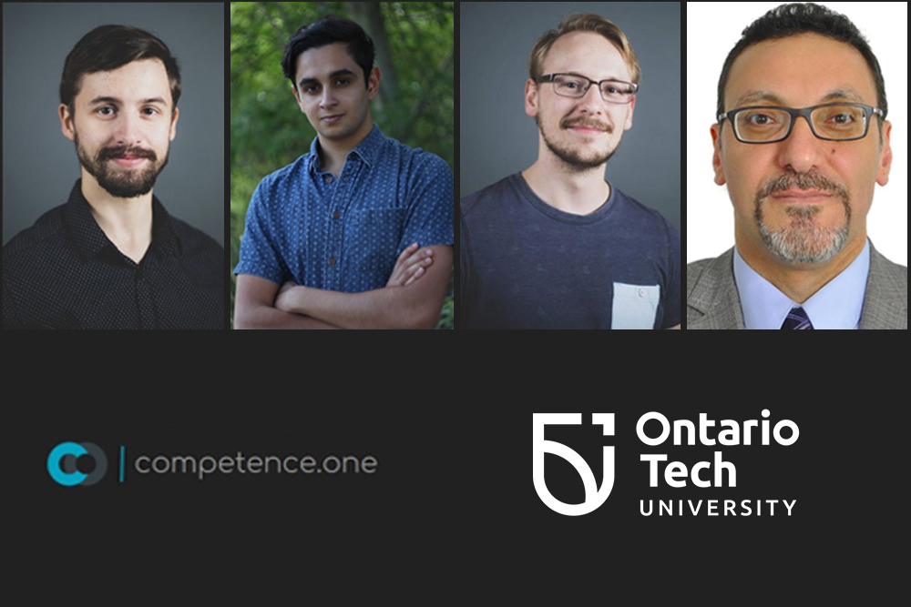 Members of the competence.one team, winners of the 2020 Brilliant Catalyst summer incubator pitch competition. From left: Ethan Elliott, Chief Executive Officer; Anirudh Mungre, Chief Technology Officer; Matthew Boivin, Chief Information Officer (all three are recent Ontario Tech University Bachelor of Engineering in Software Engineering graduates), and Professor Qusay Mahmoud, PhD, Ontario Tech Faculty of Engineering and Applied Science, Chief Administrative Officer and faculty supervisor.