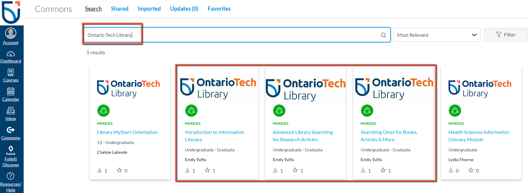 screenshot to demonstrate typing Ontario Tech Library into search bar and selecting a module result