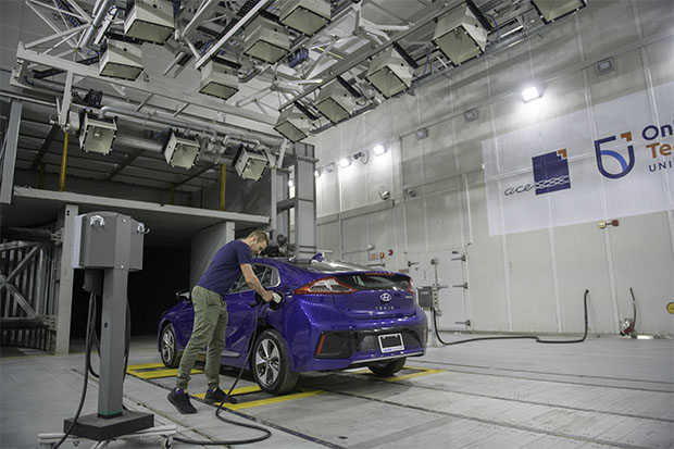 Electric vehicle inside the ACE Climatic Wind Tunnel at Ontario Tech University.