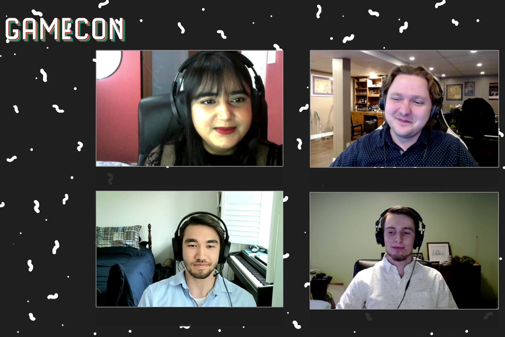 GameCon 2021 livestream Pre-Show, hosted by Safa Nazir (top left) where student teams were interviewed about their experiences in game development.