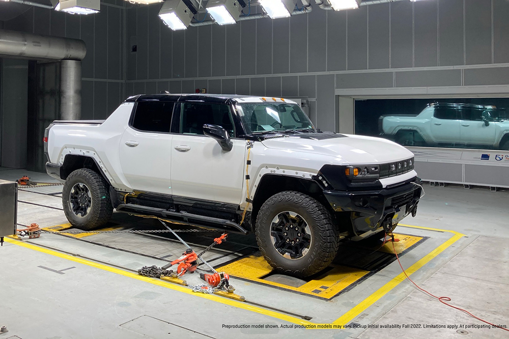 Extreme-cold weather testing of future GMC HUMMER EV (electric vehicle) inside the ACE Climatic Wind Tunnel at Ontario Tech University (wind tunnel temperature approaching -40 degrees Celsius).