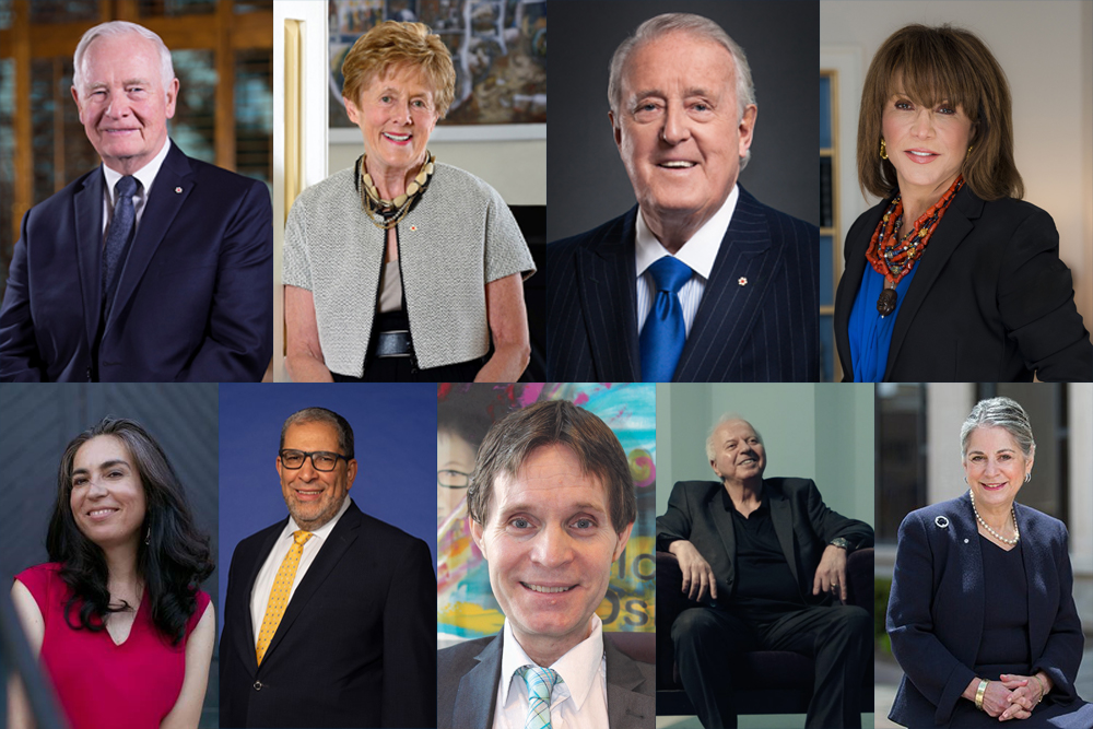 Ontario Tech University’s honorary doctorate recipients (top row, from left): Rt. Hon. David Johnston, Mrs. Sharon Johnston, Rt. Hon. Brian Mulroney, Mrs. Mila Mulroney; (bottom row, from left): Ms. Tanya Talaga, Dr. Mohamed Lachemi, Mr. Paul Ralph, Mr. Andreas Apostolopoulos, Ms. Noreen Taylor.