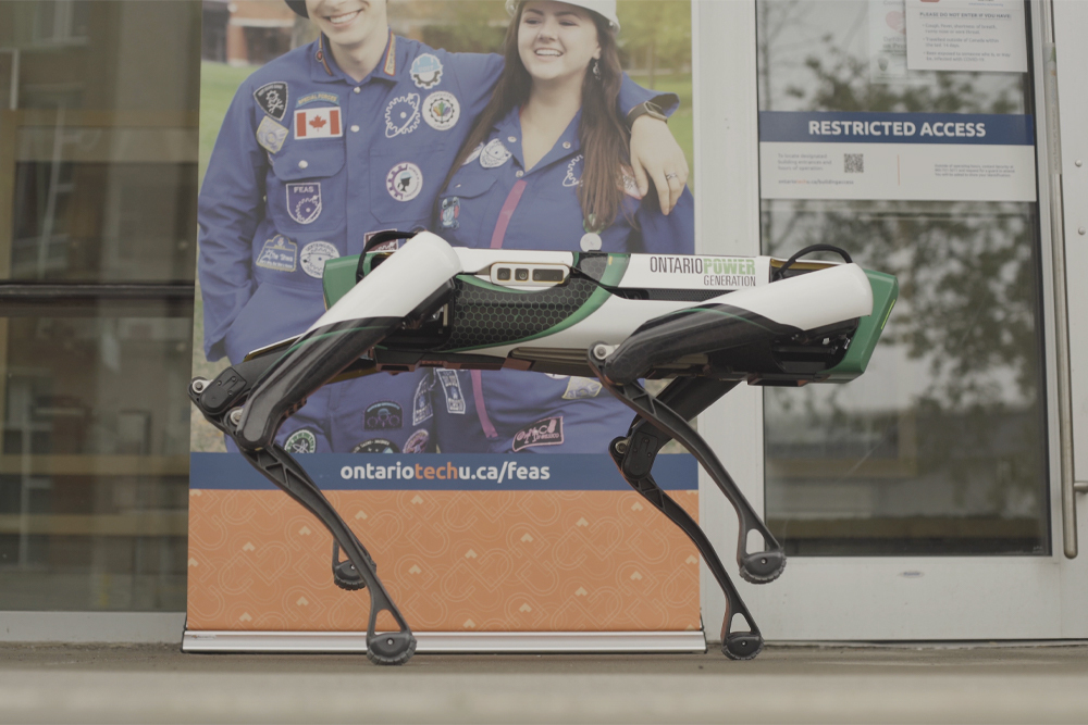 Spot the Robot (pictured here at the Engineering Building) arrived at Ontario Tech University in August 2021.