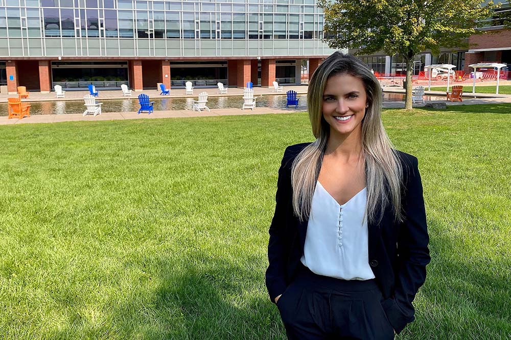 Ontario Tech University Health Sciences PhD student Leanne Elliott is a 2021 Vanier Canada Graduate Scholarship recipient (pictured at Polonsky Commons at Ontario Tech's north Oshawa location).