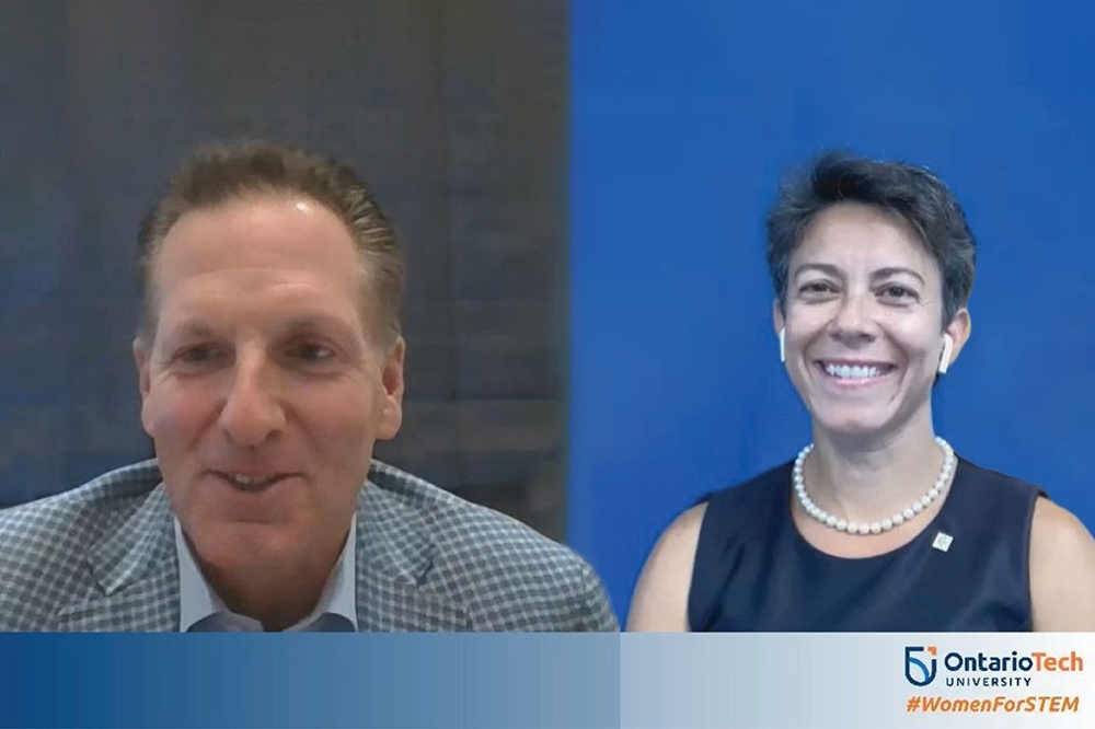 From left: Mitch Frazer, Chancellor, Ontario Tech University, with Rania Llewellyn, President and CEO, Laurentian Bank of Canada, keynote speaker at Ontario Tech University’s 2021 Women for STEM Summit.