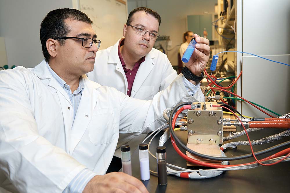 Dr. Brad Easton, Professor, Faculty of Science (right) is among the Ontario Tech University researchers whose work will connect with EaRTH District in the coming years. He will be joined by Dr. Yuping He, Faculty of Engineering and Applied Science, and Dr. Dan Hoornweg, Faculty of Energy Systems and Nuclear Science.