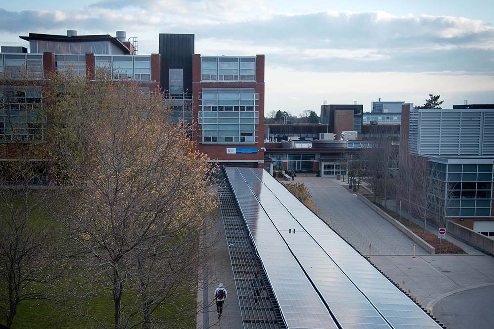 Solar panels cover the west-side promenade at Polonsky Commons at Ontario Tech University's north Oshawa location.