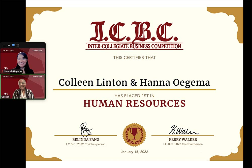 Gold medal certificate from the ICBC competition won by Ontario Tech students Hannah Oegema and Colleen Linton..