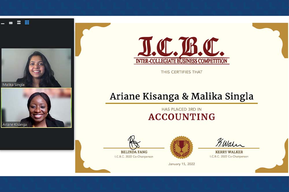 Bronze medal certificate from the ICBC competition won by Ontario Tech students Malika Singla and Ariane Kisanga.