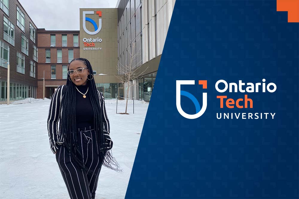 Ontario Tech Faculty of Business and Information Technology student Colleen Linton, outside Shawenjigewining Hall at the university's north Oshawa location.