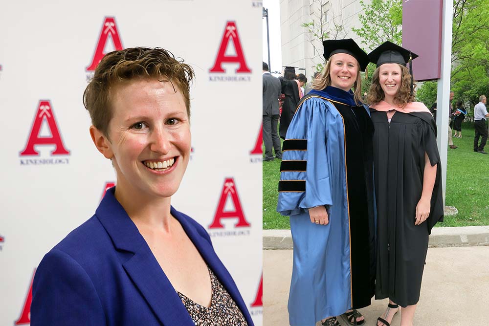 Left: Ontario Tech University graduate Dr. Emily Bremer is now a faculty member at Acadia University in Wolfville, Nova Scotia. Right: Convocation 2014 at Ontario Tech with her Faculty of Health Sciences master's degree supervisor, Dr. Meghann Lloyd.