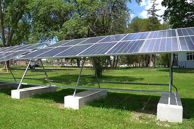Solar panels at Ontario Tech University's Windfields Farm lands help power buildings used by the Office of Campus Infrastructure and Sustainability.