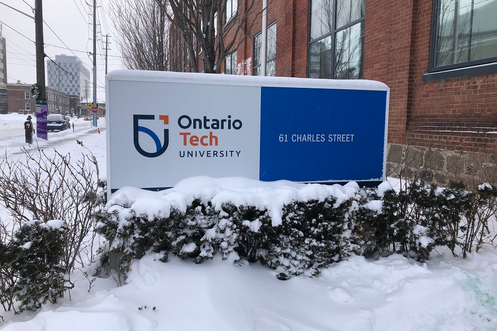 Winter weather at 61 Charles Street Building, Ontario Tech University downtown Oshawa campus location